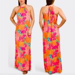 Trina Turk Milan Gingko Floral Orange Pink Halter Top Maxi Dress Size S Photo 1