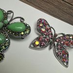 Rhinestone Butterfly Insect Brooch Pin Lot Of 2 Silver Tone 1 Green & 1 Pink Gold Photo 5