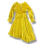 Chartreuse Pleated Wrap Dress Long Sleeve Asym Hem Midi Yellow Women Gold Size M Photo 6
