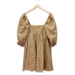 Storia Puff Sleeve Mini Babydoll Dress Tan Floral Textured Square Neck Sz Small Photo 2