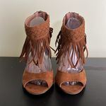 Lane Bryant Womens Peep Toe High Heels Tan Faux Suede Fringe Back Zip Photo 4