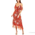 WAYF  Red Floral Print Chiffon Midi‎ Dress Ruffle Off The Shoulder Size Small New Photo 3