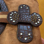 Faux suede, faux leather handbag with rhinestones stones Brown Photo 5