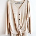 Amazon IWOLLENCE Waffle Knit Tunic Blouse Tie Knot Henley Button Up Oatmeal Sz 2X EUC Photo 1