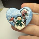 Snowman & Cardinal Bird In Heart Ceramic Brooch Pin Handcrafted Hand Made Photo 3