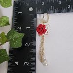 Gold with Velvet Red Rose Flower and Pearls Danglr Drop Earrings Photo 7