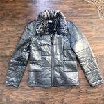 vintage • Y2K quilted puffer jacket metallic silver faux fur collar zip Photo 0