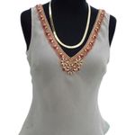 Cache  Beige Plunging Double V Neck Silk Bead Embellished Top Lined $128 NWT New Photo 4