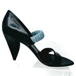 Prada Vintage Black Leather Heels with Blue Ruched Elastic Strap Size 36.5 Photo 0