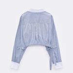 ZARA  blue & white tie strap bow cropped button front collar long sleeve shirt Photo 4