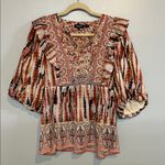 Tolani  Blouse Quilted Floral Peasant Puff Sleeve Made in India Size Medium Photo 0