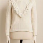 Tularosa  White Fringe Knit Sweater XS – Long Sleeve Cotton Scoop Neck Pullover Photo 0