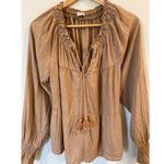 American Eagle Outfitters Puff Sleeve Linen Tie Neck Blouse Tan Women's Medium Photo 2