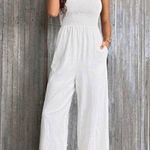 Women’s Smocked Ruffle Trim Jumpsuit White SZ Small Photo 2