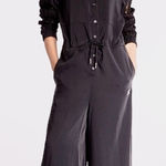 Adidas  Black Wide Leg Button Front Tie Waist Lace Inserts Jumpsuit Small Photo 0