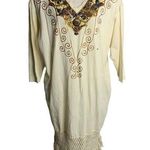 Vintage 90s Hand Painted T Shirt Dress M Cream Crochet Knit Fringe Pockets Size M Photo 0