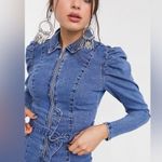 Bershka NWT Shirt Mini Dress Long Sleeve Denim Belted Puffy Sleeves Western sz M Photo 3