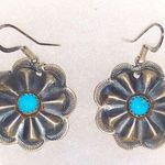 Handmade Navajo Sterling Silver Turquoise Old Look Stamp Dangle Concho Earrings. Photo 0