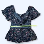 Babydoll Bohemian Floral Top with Flowy Sleeves and Keyhole Blue Photo 2
