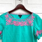 Talbots Womens Shirt Blouse Teal Pink Floral Embroidered Short Sleeve Small Photo 3