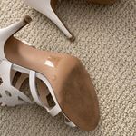 BCBG Paris White Leather Cutout High Heel Shoes Abstract Straps Size 8 Like New Photo 6