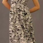 Anthropologie  Printed Midi Dress Womens XXS Black White Floral Linen Sleeveless Photo 0
