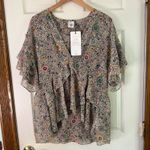 CAbi  Poet Blouse Floral Print Ruffle Sleeve V-Neck‎ Top Medium Photo 6