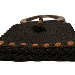 Vtg Boho Macrame Crochet Beaded Wooden Ring Handle Handbag Purse Brown 70s Photo 5