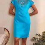 Boden Fleur Embroidered Linen Dress Size 8 Blue Floral Shift Pockets Photo 0