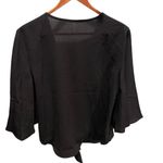 None Black v-neck button front with tie waist and bell sleeves blouse women’s size L Photo 5