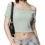 Uniqlo GU Bra-Feel Cropped Off-The-Shoulder Shirring T-Shirt NWT Green S Photo 0