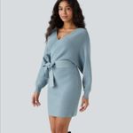 Halara  crossover v neck batwing long sleeve belted mini sweater dress Photo 2