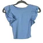 ZARA Stretch Cotton Ruffled Short Sleeve Crop Top Fitted Round Neck S Baby Blue Photo 0