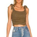 Free People NWOT  Boulevard Tank Top S Crop Shoulder Bow Tie Ruched Green Boho Photo 0