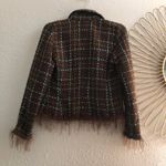 RARE Custom Brown blue plaid tweed houndstooth blazer fraying shaggy faux fur fringe blazer jacket coat shirt top long sleeve Photo 2