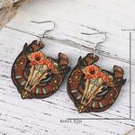 Western bullhead flower pattern wooden drop‎ earrings Brown Photo 6
