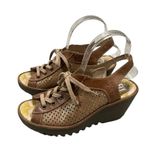 Fly London  Yuta Perforated Leather Lace-up Wedge Sandal Tan Metallic Sz EU 38 Photo 5