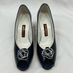 Jack Rogers Vtg  80’s Navy Blue Leather Peep Toe Heels With Rosette Size 8 S Photo 1