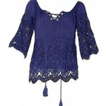 Navy Blue Lace Tassel Lace Up Off The Shoulder Top Small Photo 0