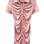 Pink Ruched Bodycon Full Button Front Short Sleeve Mini Dress Womens Small Size M Photo 6