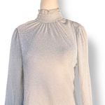 Unique Vintage Silver Metallic Mock Turtleneck Shimmer Sheer Blouse Festive Photo 3