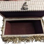 Vtg 1960s MCM Ivory Tweed Fabric Covered Fringe Top Handle Latch Wooden Box Bag Tan Photo 4