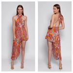 Sundress Amina Dress Size Large Fuchsia orange Print Halter Neck Asymmetric Hem Photo 14