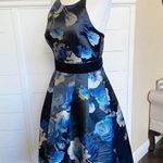 Eliza J Black Blue Floral Jacquard Crisscross Halter Fit Flare Belted Dress sz 6 Photo 7