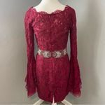Mac Duggal Crimson Red Lace Bell Sleeve Cocktail Dress Beaded Waist Photo 2