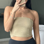 Verge Girl Vrg Grl Tan khaki linen like strapless tube crop top with zipper closure Photo 0