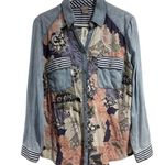 Chico's mixed-print denim long sleeve button up shirt sz 2 retro Western NEW Photo 0