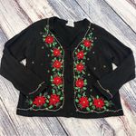 Vintage Christmas Beaded Black Cardigan with Red Floral Embroidery Size L Photo 1