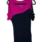 INC  International Concepts Freedom Colorblock Two Tone Rhinestone Cold Shoulder Dolman Short Sleeve Ruched Side Mini Dress in Freedom Aruba Pink & Black MP Photo 16