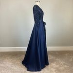 XScape  Lace and Satin Long Sleeve A-Line Evening Gown Blue Size 4 Formal Dress Photo 2